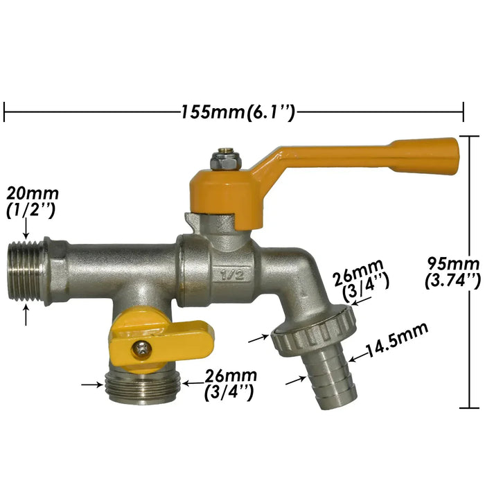 Robinet exterieur double Mâle 1/2 - cannelé pour tuyau 14.5 mm - mâle 3/4