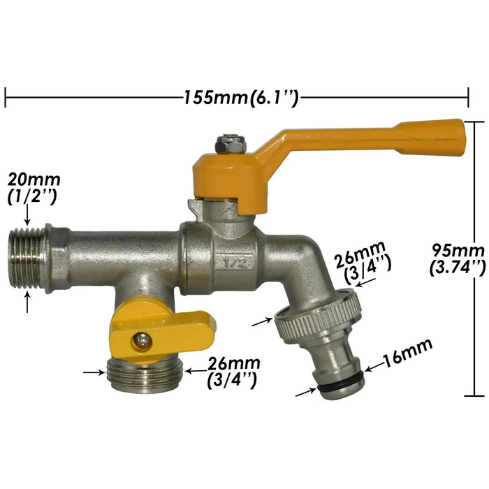 Robinet exterieur double Mâle 1/2 - tuyau 16 mm - mâle 3/4