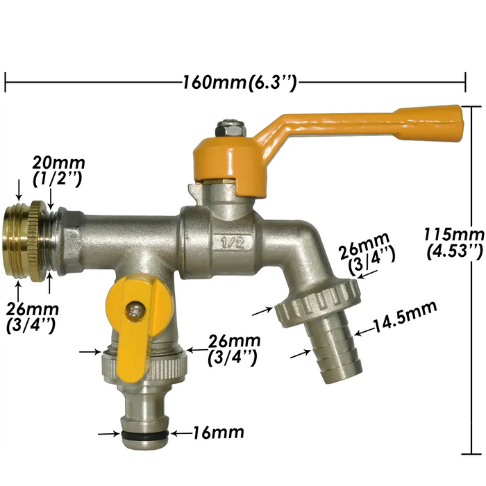 Robinet exterieur double Mâle 3/4 - cannelé pour tuyau 14.5 mm - tuyau 16 mm